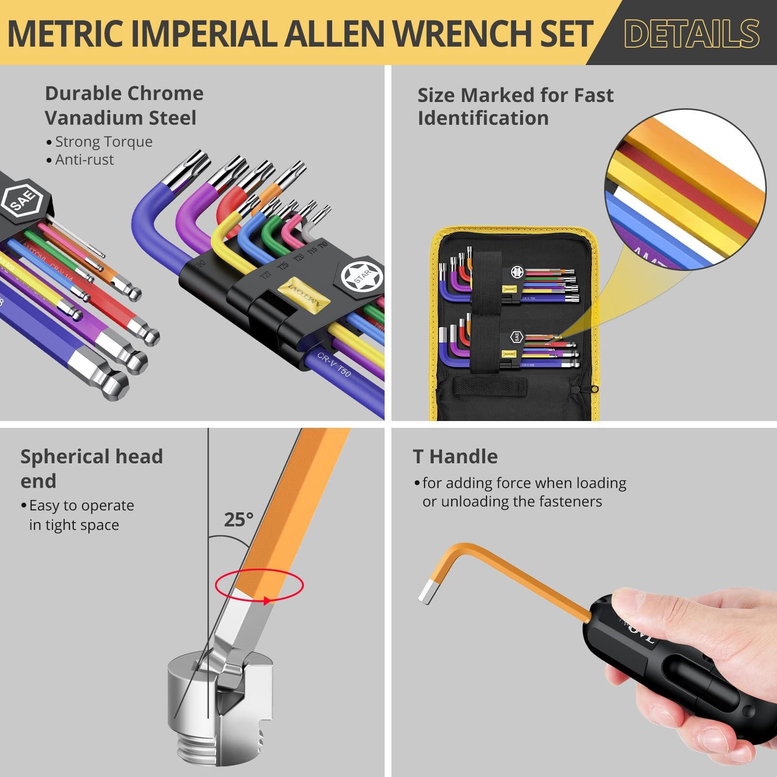 27pcs Allen Key Set  Metric & Sae Wrench Extra Long Ball Star End Hex Keys With T-handle Color Coding For Bicycle Household Diy