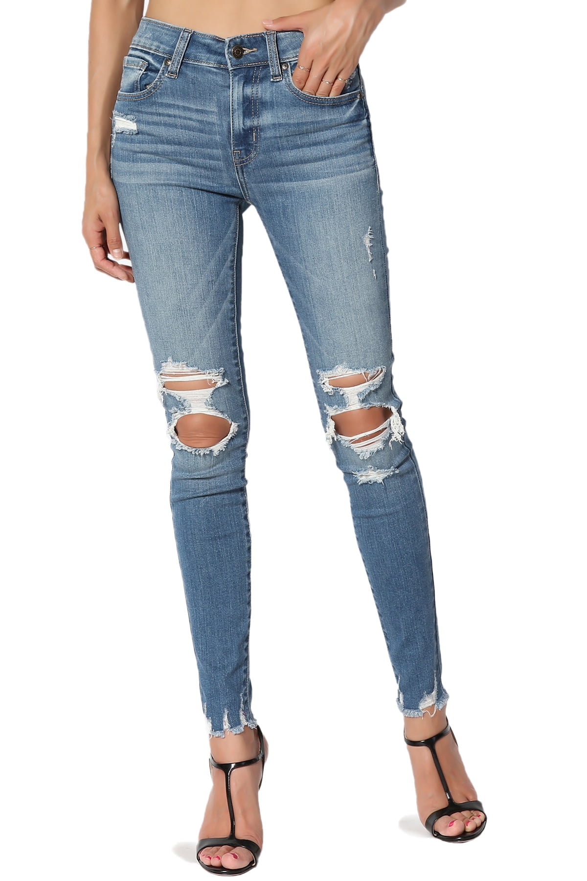 TheMogan TheMogan Women's Clara Ripped Distressed Knee High Rise Raw Hem Crop Skinny Jeans