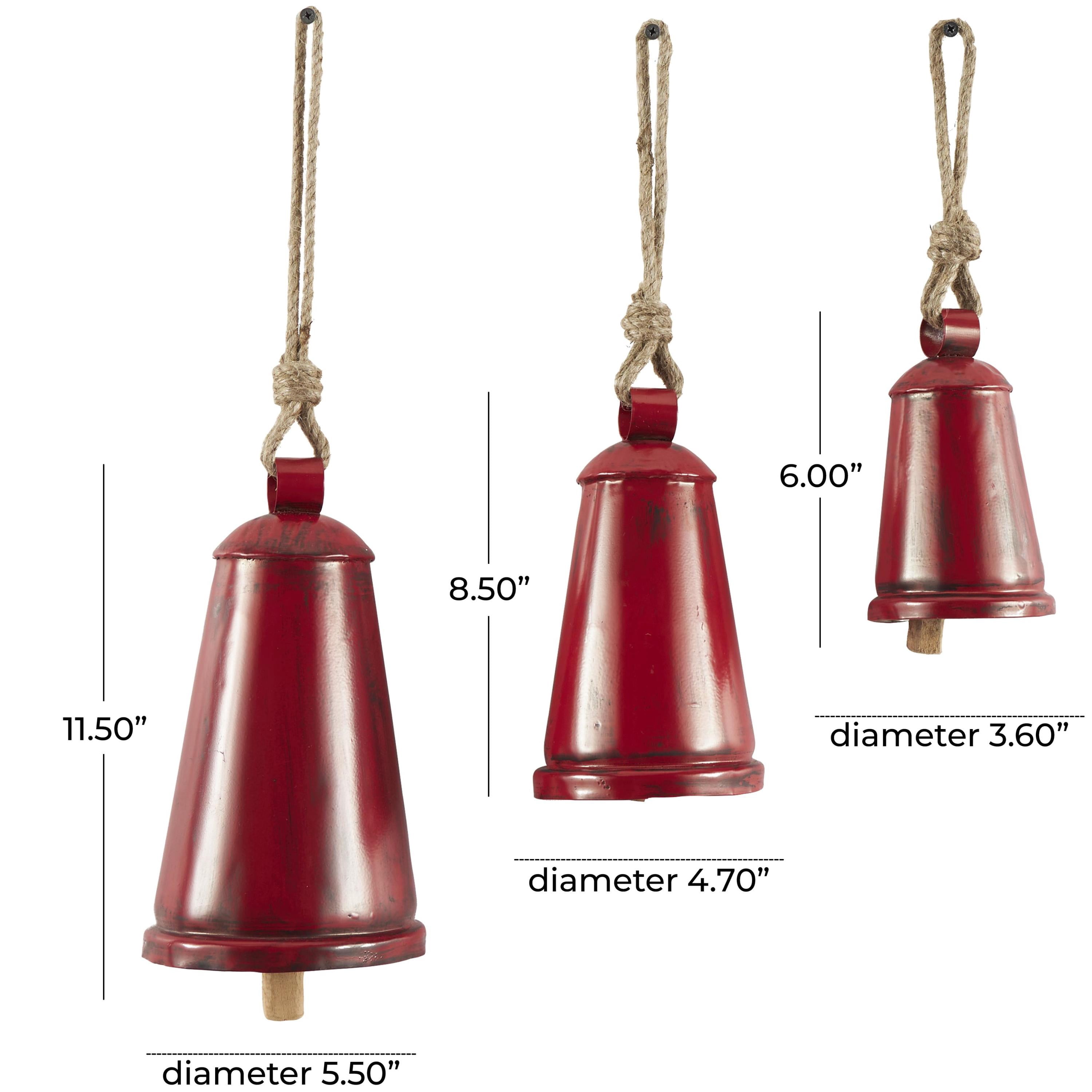 DecMode Tibetan Inspired Red Metal Narrow Cone Decorative Cow Bells with Jute Hanging Rope, 3 Count