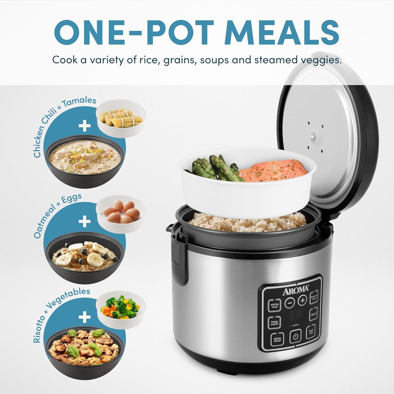 Digital Rice Cooker with Steamer, 4-Cup Uncooked / 8-Cup Cooked, Multicooker, Stainless Steel
