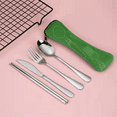 thumbnail image 2 of Juego de 4 piezas de vajilla portátil de acero inoxidable, cuchara, tenedor, cuchillo para carne, juego de cubiertos de viaje, vajilla con bolsa verde, 2 of 7