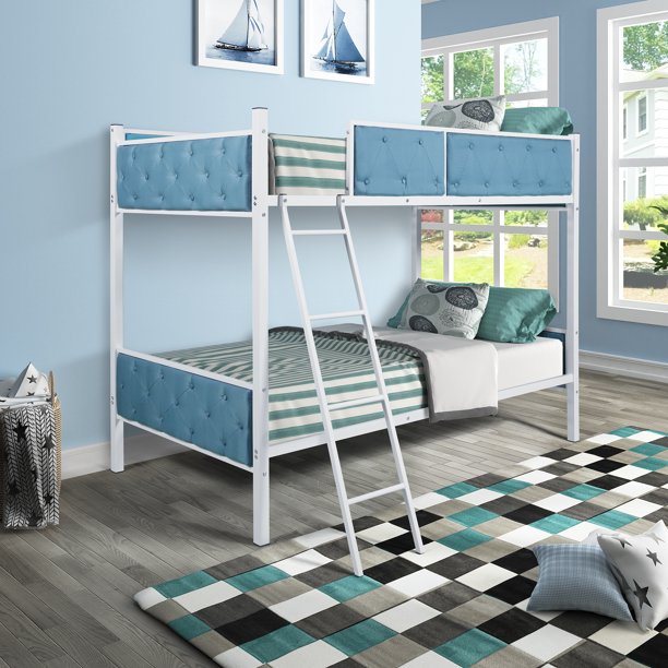 Upholstered Twin Over Twin Bunk Bed, Metal Bunk Beds Twin Over Twin Size, Heavy Duty Bunk Beds