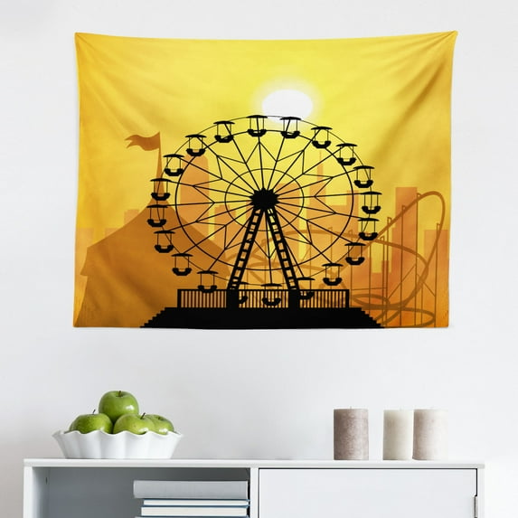Ferris Wheel Tapestry, Vintage Fun Ride Leaves Flowers Balloons, Fabric Wall Hanging Decor for Bedroom Living Room Dorm, 2 Sizes, Umber Tan, by Ambesonne