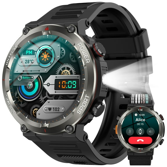 Military Outdoor Waterproof SOS Smart Watch for Men Answer/Make Call, fits for Android Samsung iPhone, 1.45" HD Screen Watch, 100 Sports Modes, 960 mAh Battery, Black