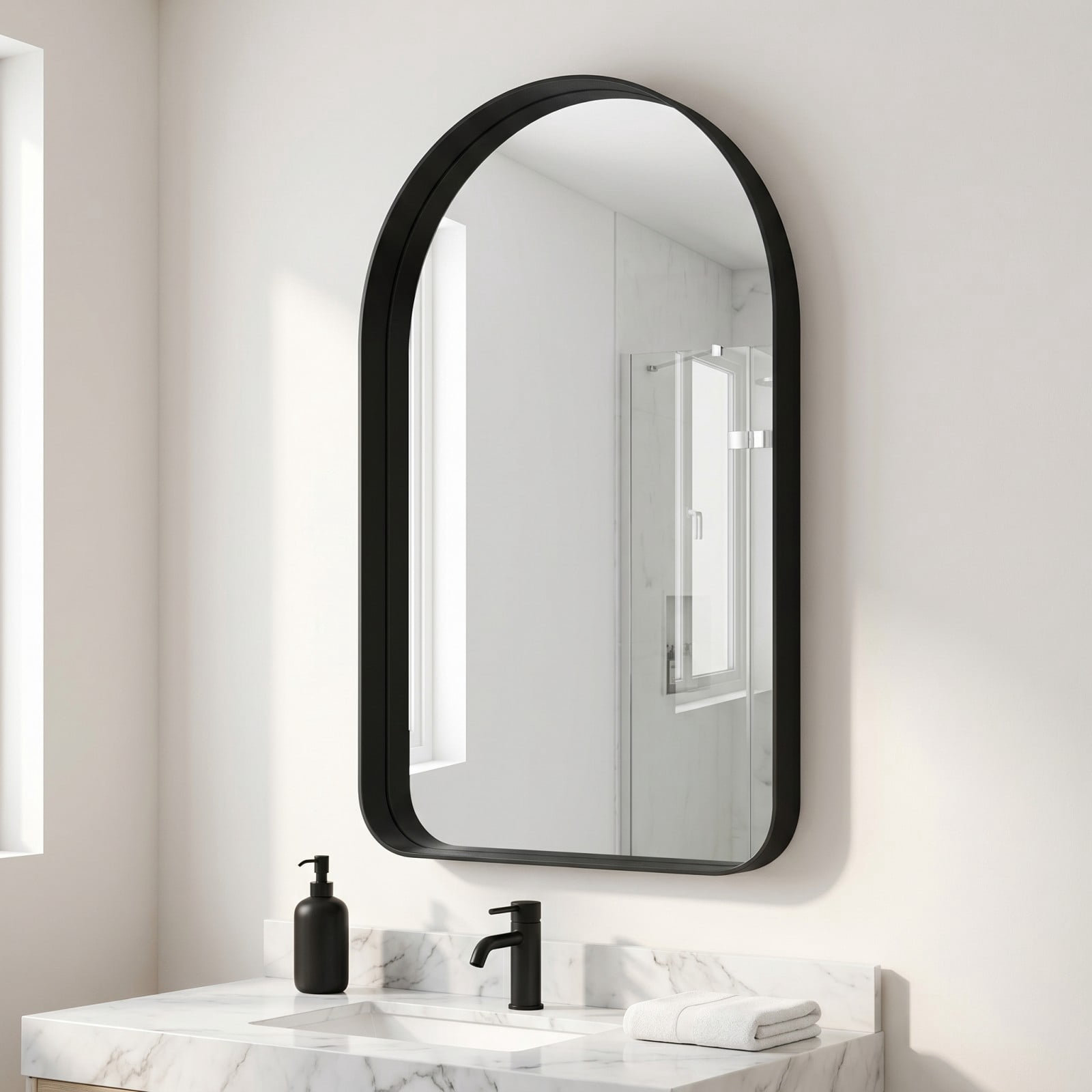 GRAHMCY 30"x48" Arched Bathroom Mirror Rounded Corner Vanity Wall Mirror with Deep Frame, Black