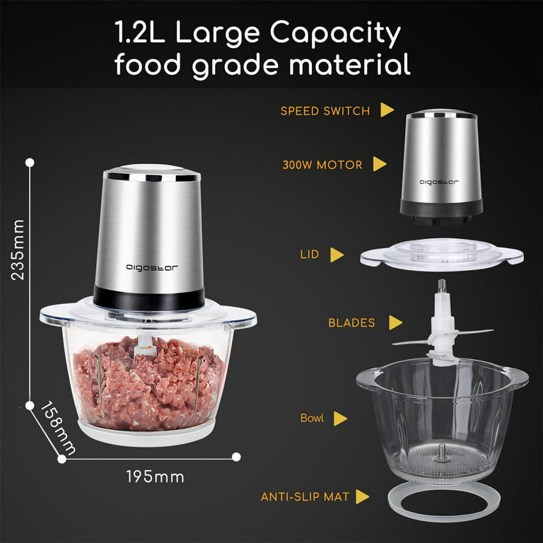 Aigostar 5 Cup Food Processor, Electric Food Chopper with BPA-Free Glass  Bowl for Garlic, Meat, Vegetables, Fruits and Nuts, 4 Blades and 2-Speed  Adjustable, 300W 