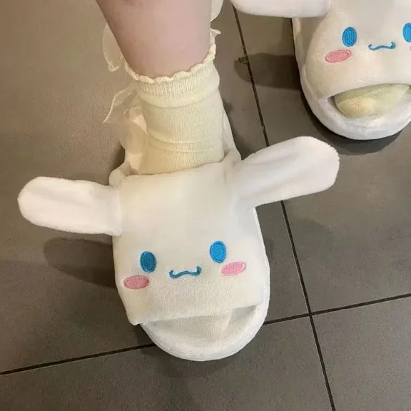 Anime Women Plush Slippers Kawaii Cinnamoroll Melody Kuromi Ears Move Sanrio Cartoon Cute Thicken Warm Home Slippers Gift