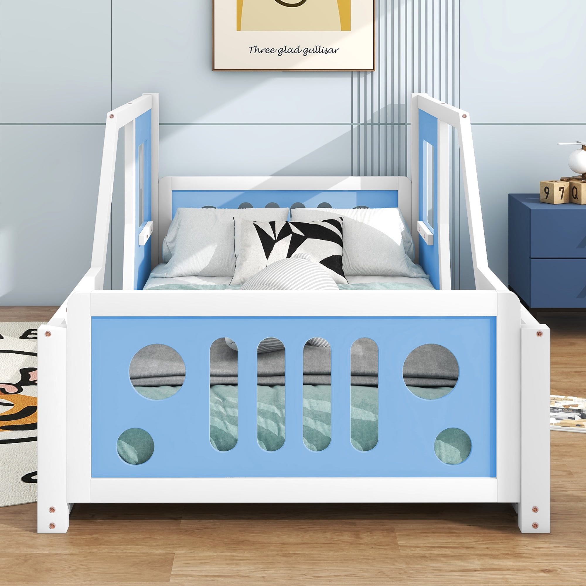 Euroco Car-Shaped Twin Size Wood, Solid Car Bed for Kids Gift, Low Profile Floor for Living Room, Blue