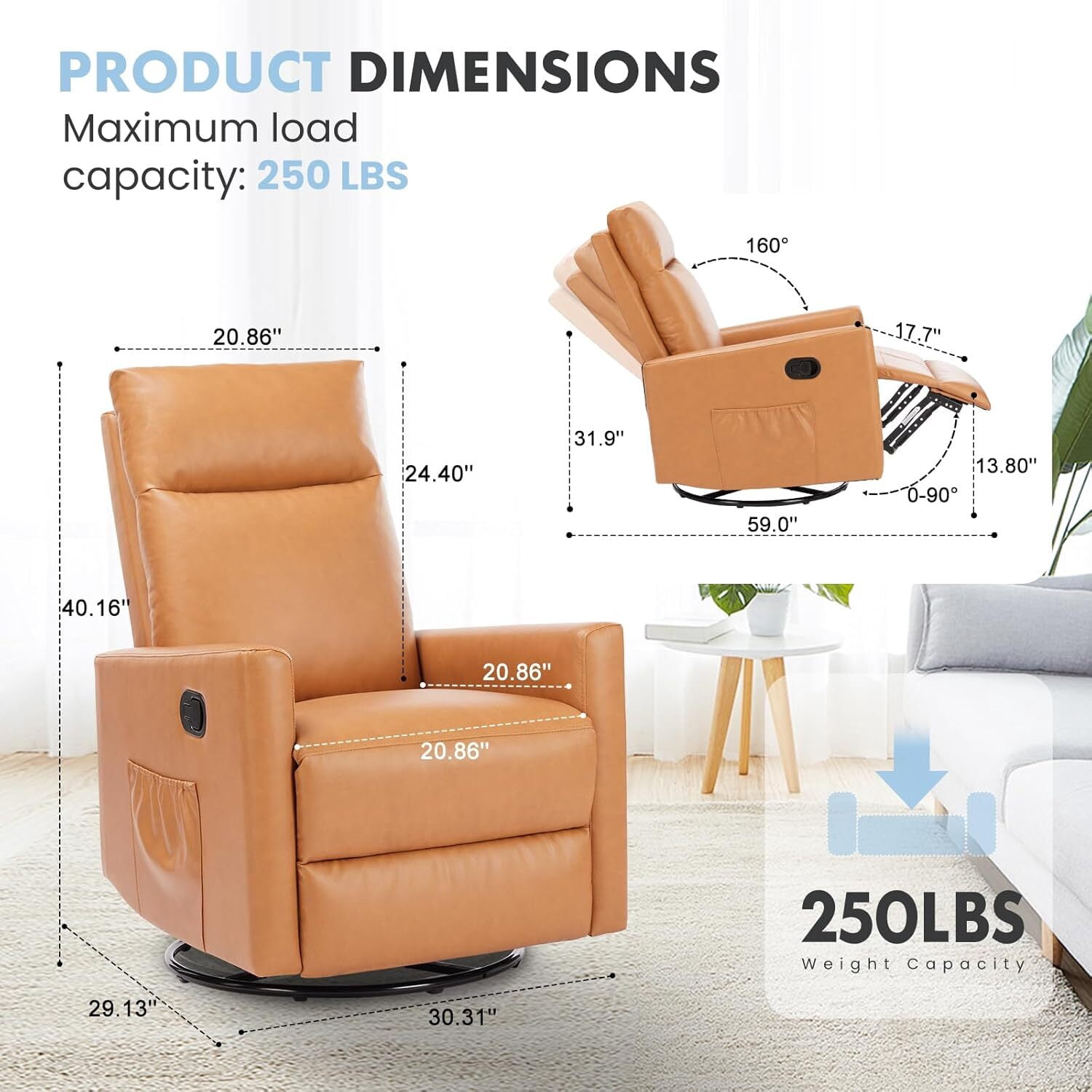 AENKYO Recliner Chair Swivel Rocking for Living Room, Glider Rocker with Extra Large Footrest - Brown