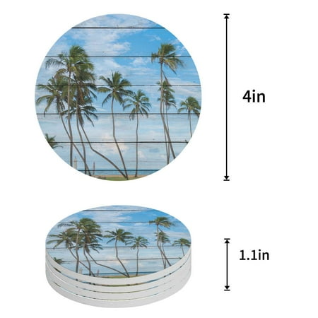 

KXMDXA Beautiful Beach Tropical Coconut Tree on Wooden Plank Set of 4 Round Coaster for Drinks Absorbent Ceramic Stone Coasters Cup Mat with Cork Base for Home Kitchen Room Coffee Table Bar Decor