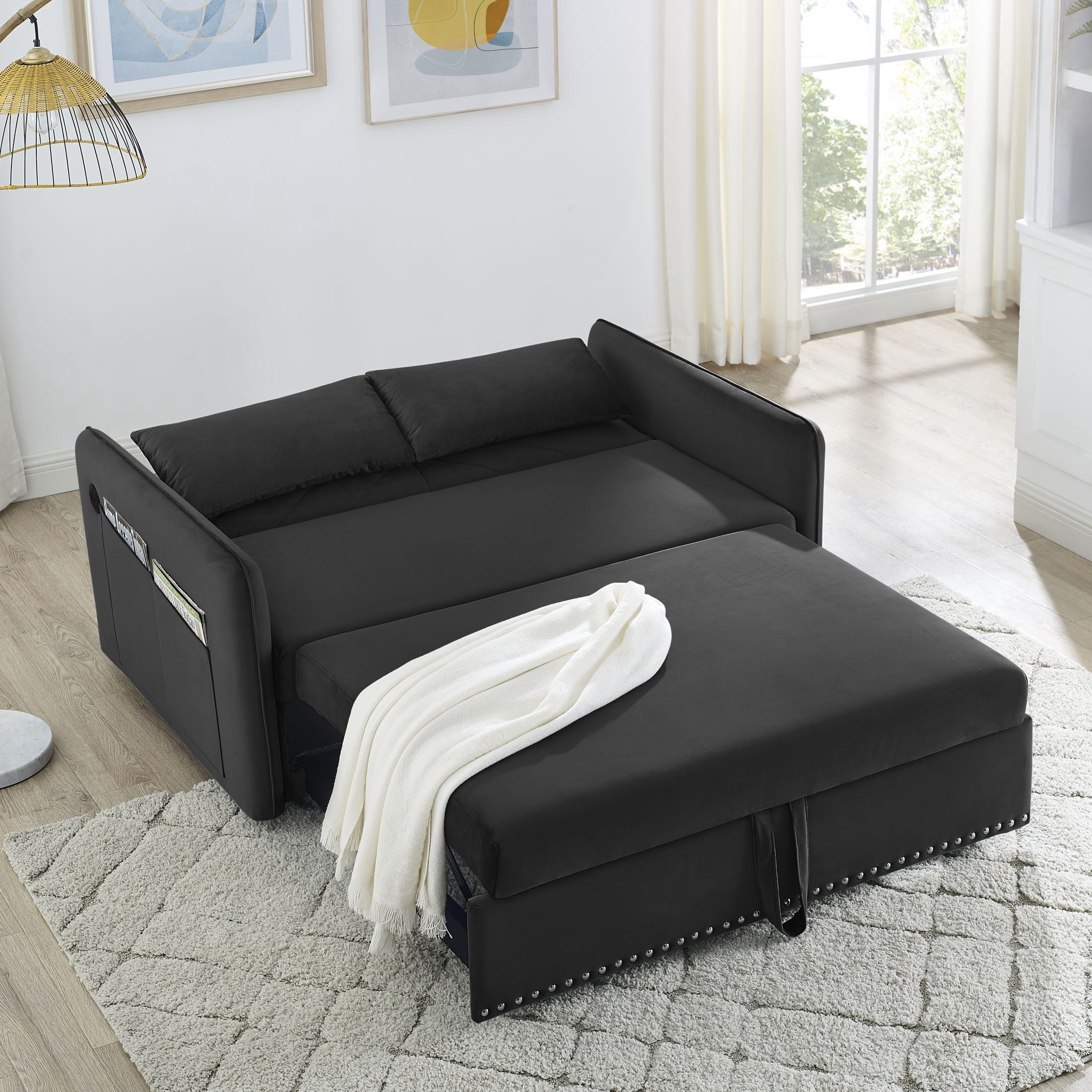 DEALTOPS Pull Out Sofa Bed, Convertible Loveseat Sleeper Sofa with USB Ports and Side Pockets, Black