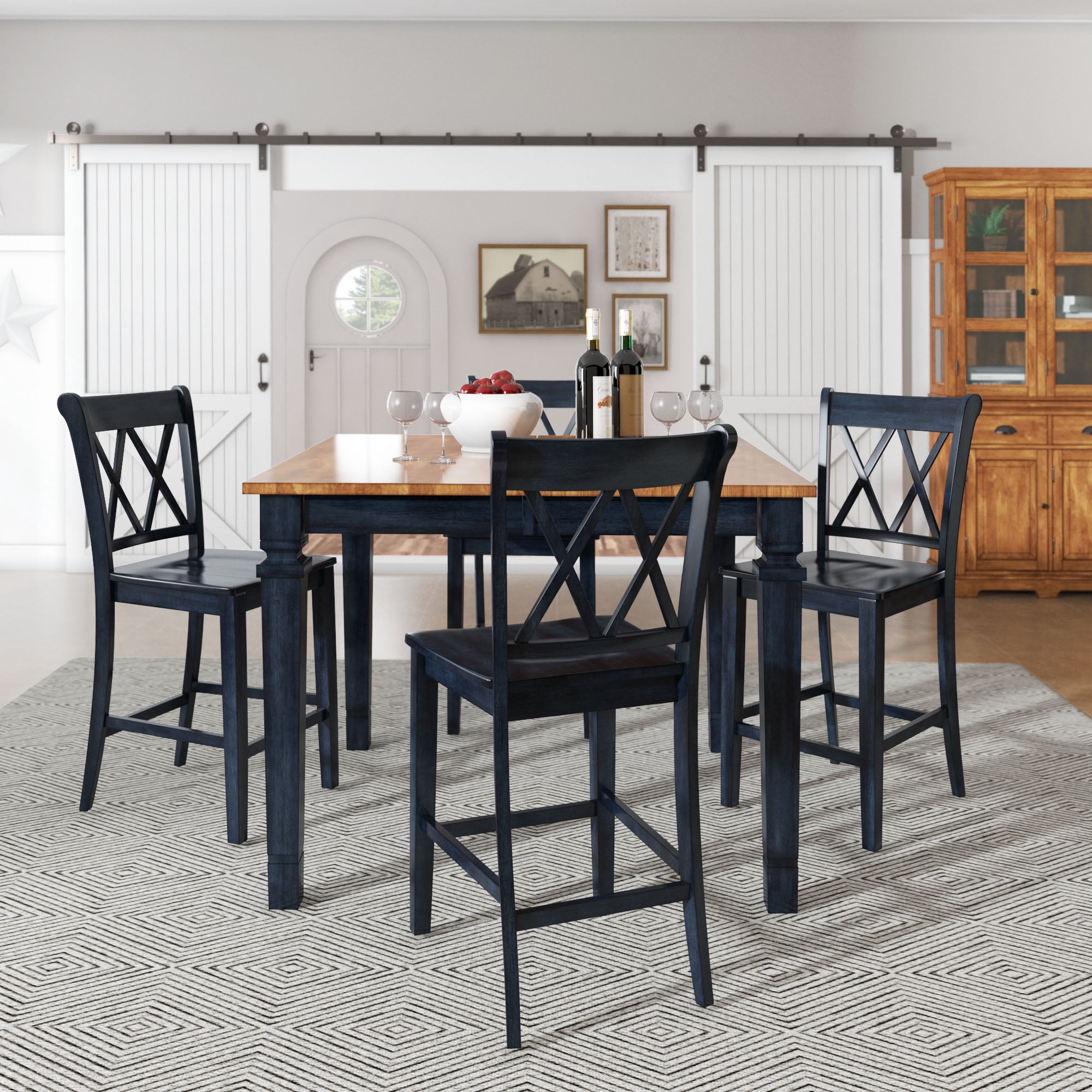Weston Home Farmhouse Square Seat X-Back 24" Counter Height Chair, Antique Denim (Set of 2)