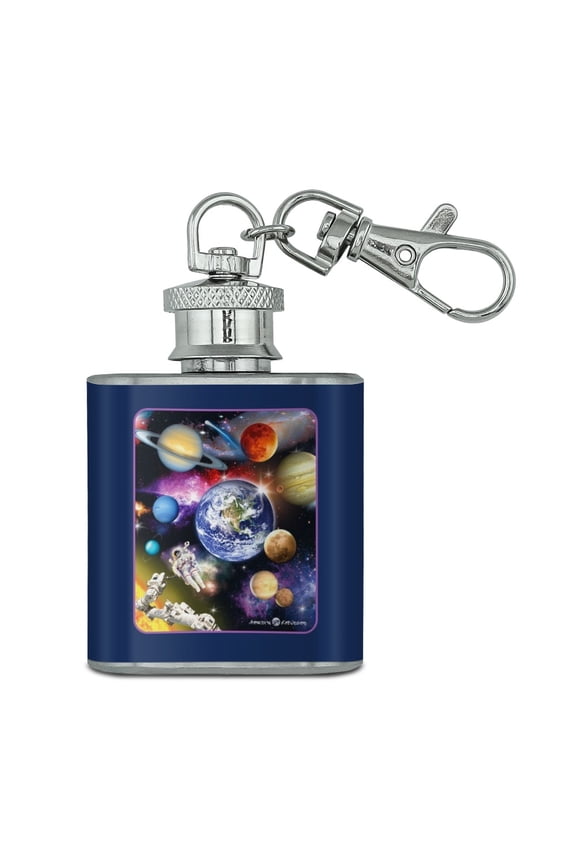 Solar System Planets Space Earth Saturn Jupiter Mars Stainless Steel 1oz Mini Flask Key Chain