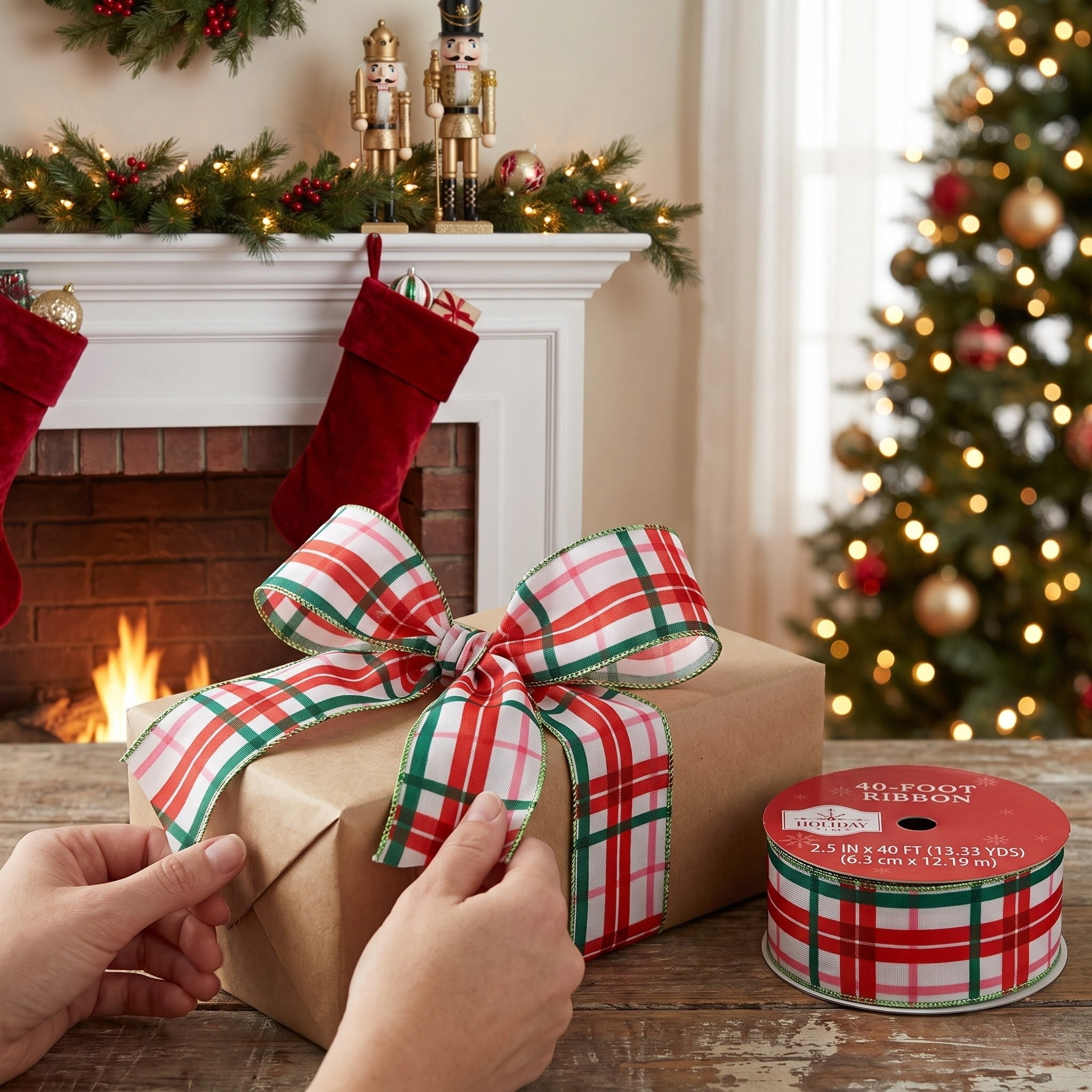 Multicolor Plaid Linen Christmas Ribbon, 2.5" x 40', by Holiday Time