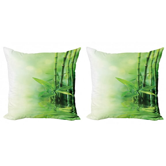 Ambesonne Japanese Throw Pillow Cover 2 Pack, Spa Themed Trees and Blurs, 24", Pale Yellow Green