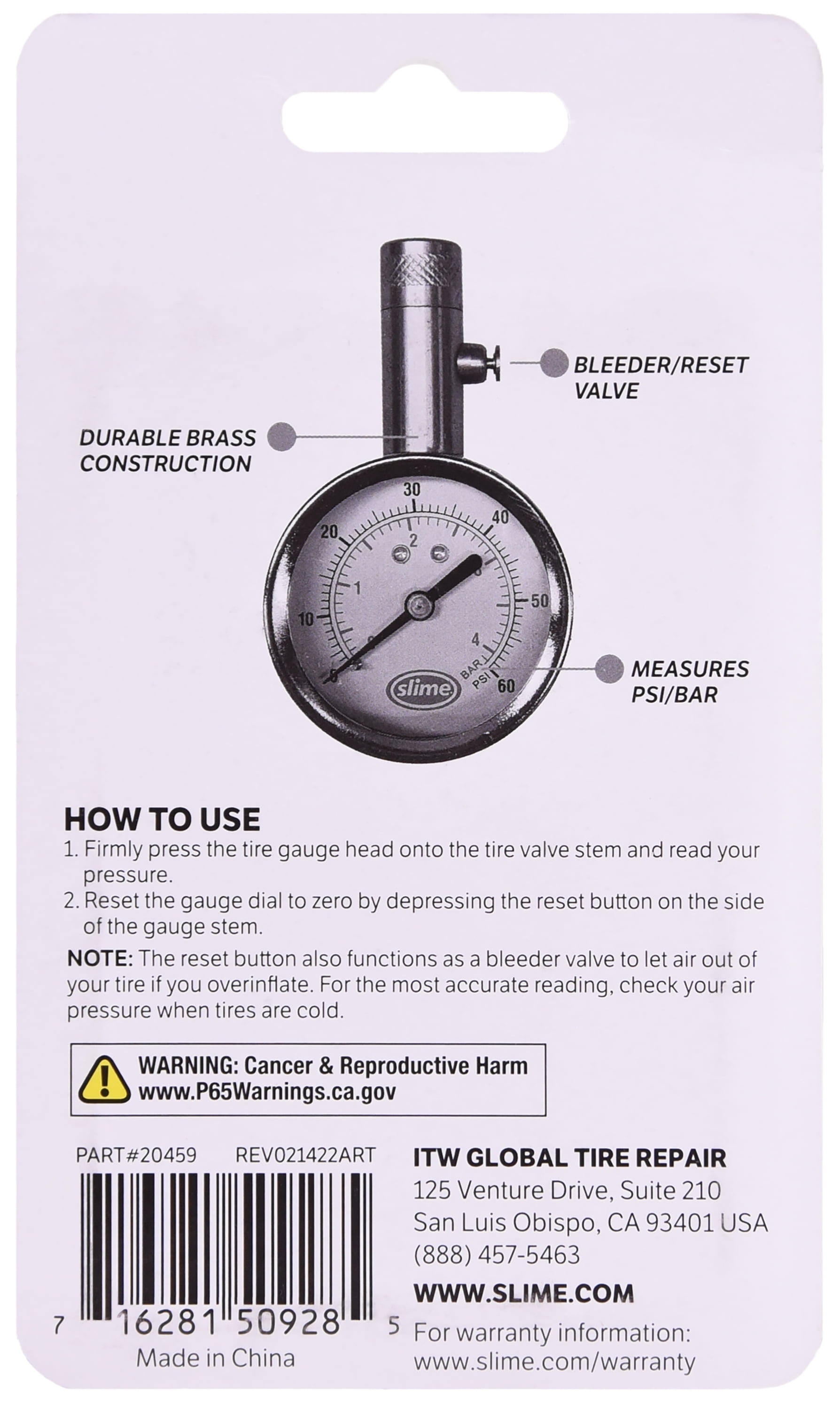 (2 pack) Slime Brass Dial Tire Gauge (5-60 Psi) Gold Color - 20459