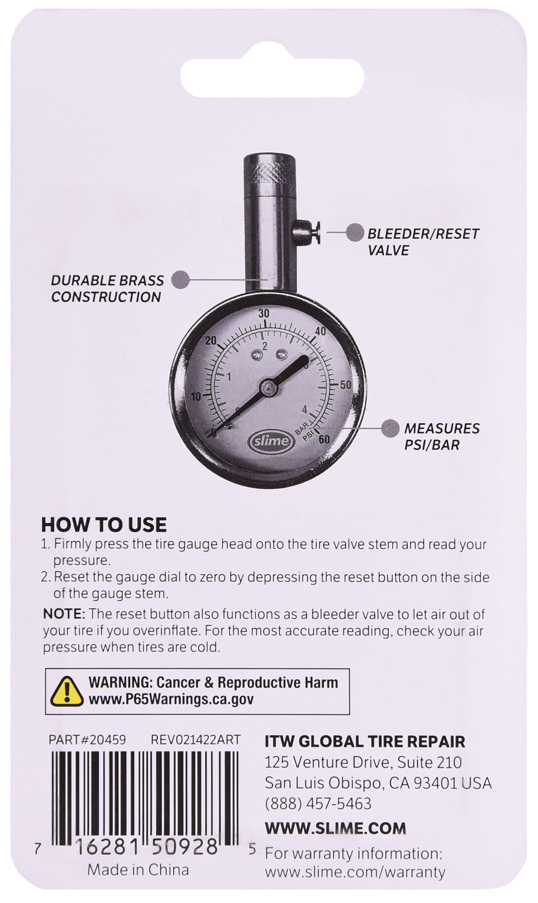 Slime Brass Dial Tire Pressure Gauge 5-60 PSI photo 5