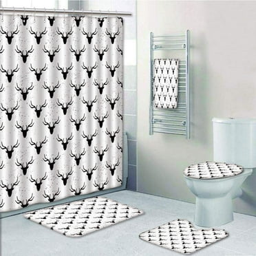 PRTAU Deer Deer Head with Antlers Silhouette Form Stained Worn Animal 5 Piece Bathroom Set Shower Curtain Bath Towel Bath Rug Contour Mat and Toilet Lid Cover