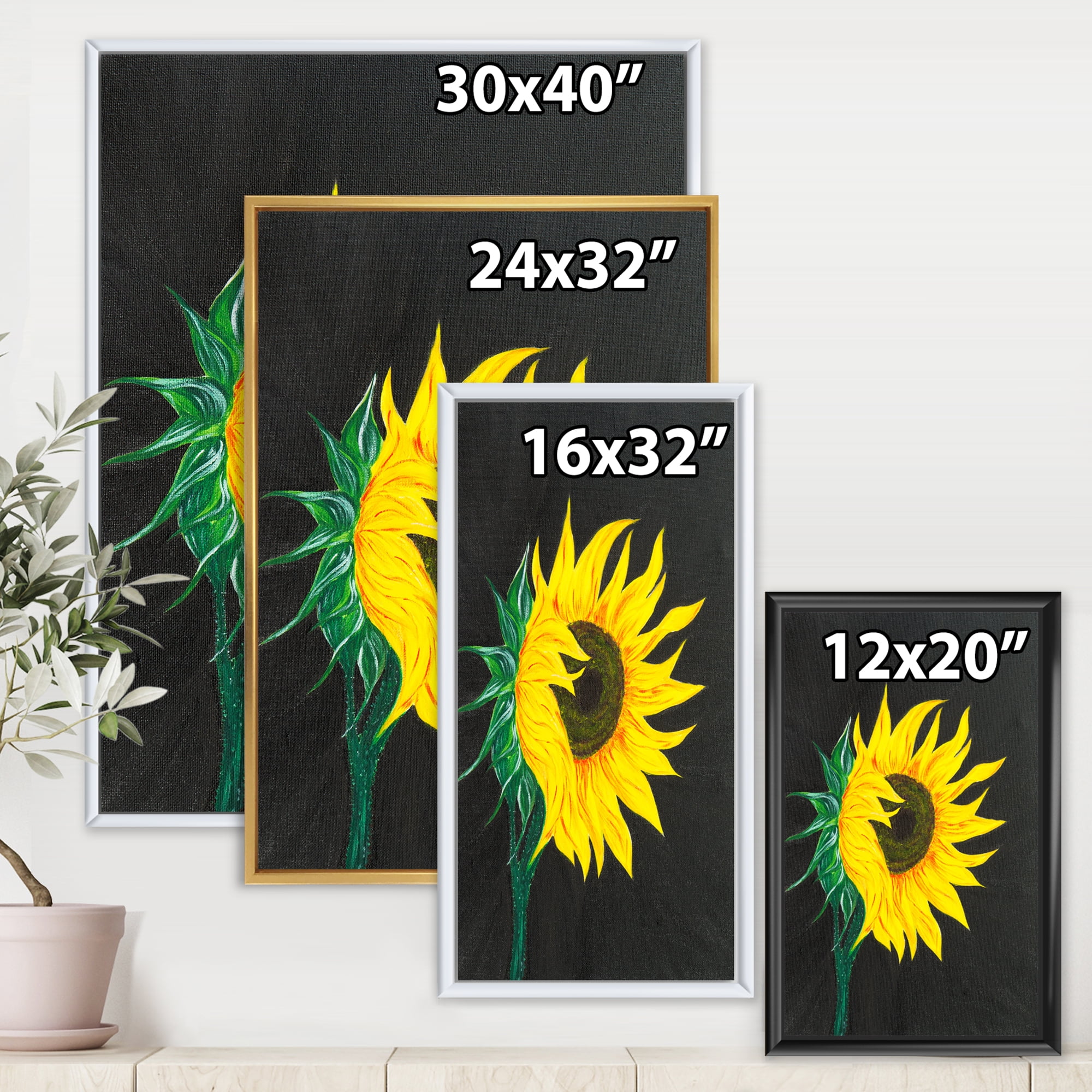 Designart 'Yellow Sunflower On Black' Traditional Framed Canvas Wall Art Print