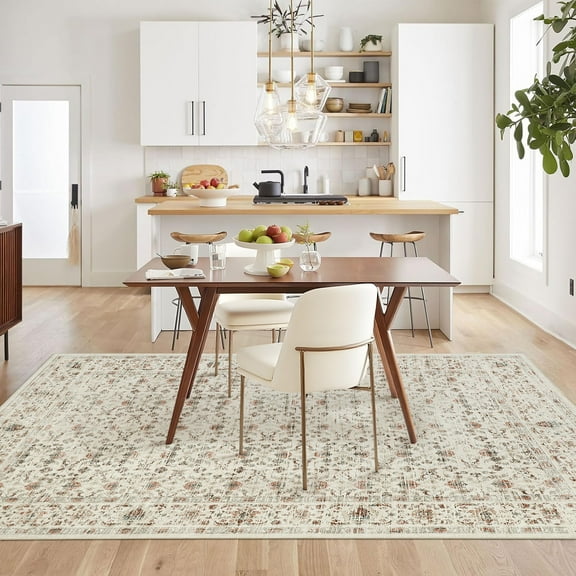 Hasoo Vintage Floral Area Rug for Living Room Washable 5' x 7' Non Shedding Neutral Indoor Decor Carpet, Beige