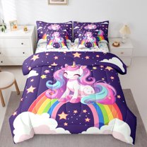 Homewish Teens Kawaii Unicorn Twin Bedding Sets 7-Piece, Dreamy Rainbow Cloud Bedding Comforter Set, Mystic Purple Stars Galaxy Reversible Sheet Sets, Microfiber Bedroom Decor
