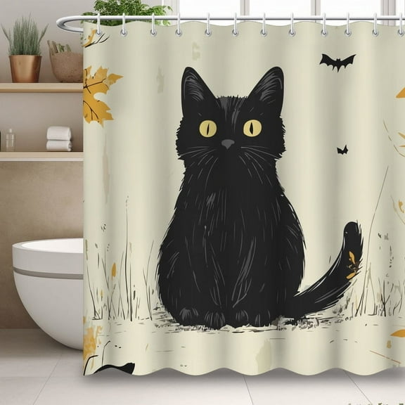 Modern Minimalist Shower Curtain, Cat Print Shower Curtain, Simple Bathroom Decor with 12 Hooks