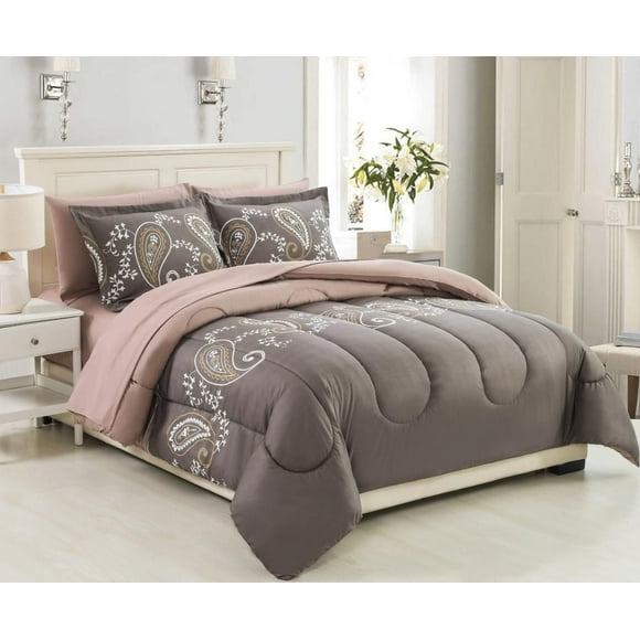 Marina Decoration Ultra Soft Luxury Fluffy Goose Down Alternative Bed in a Bag Bedding Printed Comforter Set Includes Sheet Set, Taupe Floral Paisley Pattern
