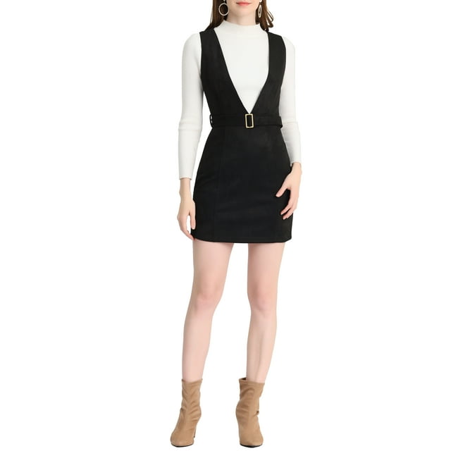 INSPIRE CHIC Women's Overalls Suspenders Belted V Neck Faux Suede Pinafore Dress Black S