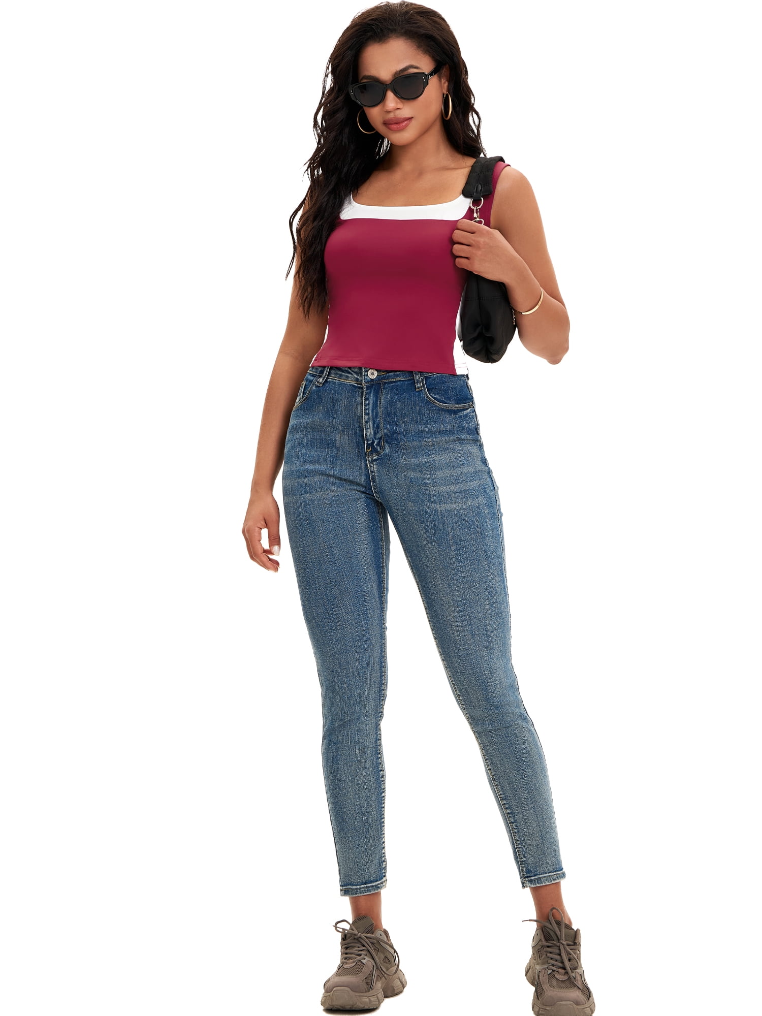 DARING DIVA Women's Square Neck Summer Crop Slim Fit Shirts XS Burgundy