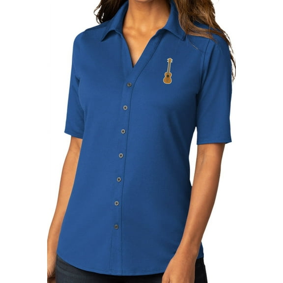Womens Ukulele Patch Button-Down Stretch Shirt, 3XL True Blue