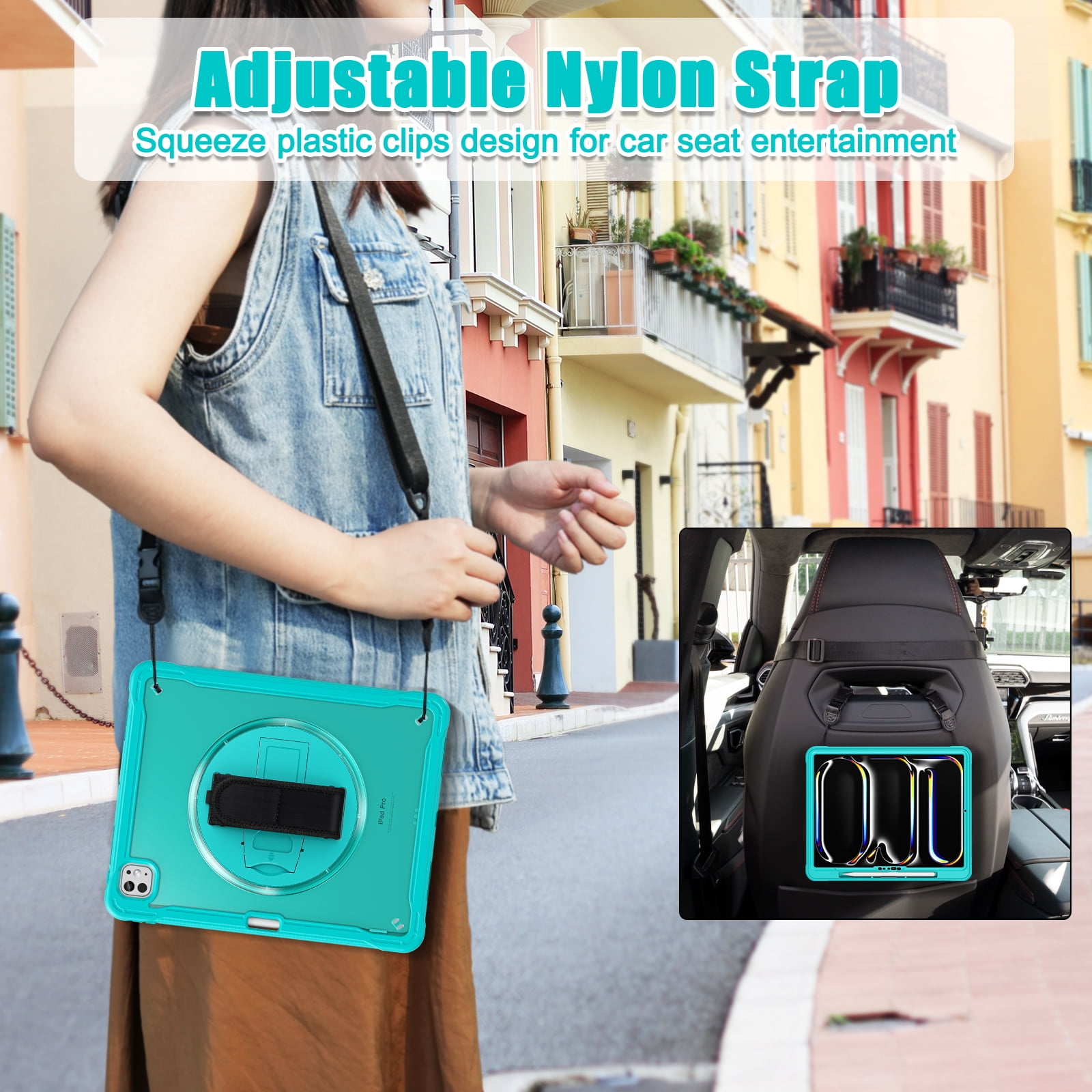 Dteck Case for iPad Pro 13 inch M4 2024,Military Grade Shockproof Silicone Cover 360° Rotatable Stand- Shoulder Strap- Handle- Pencil Holder,Blue