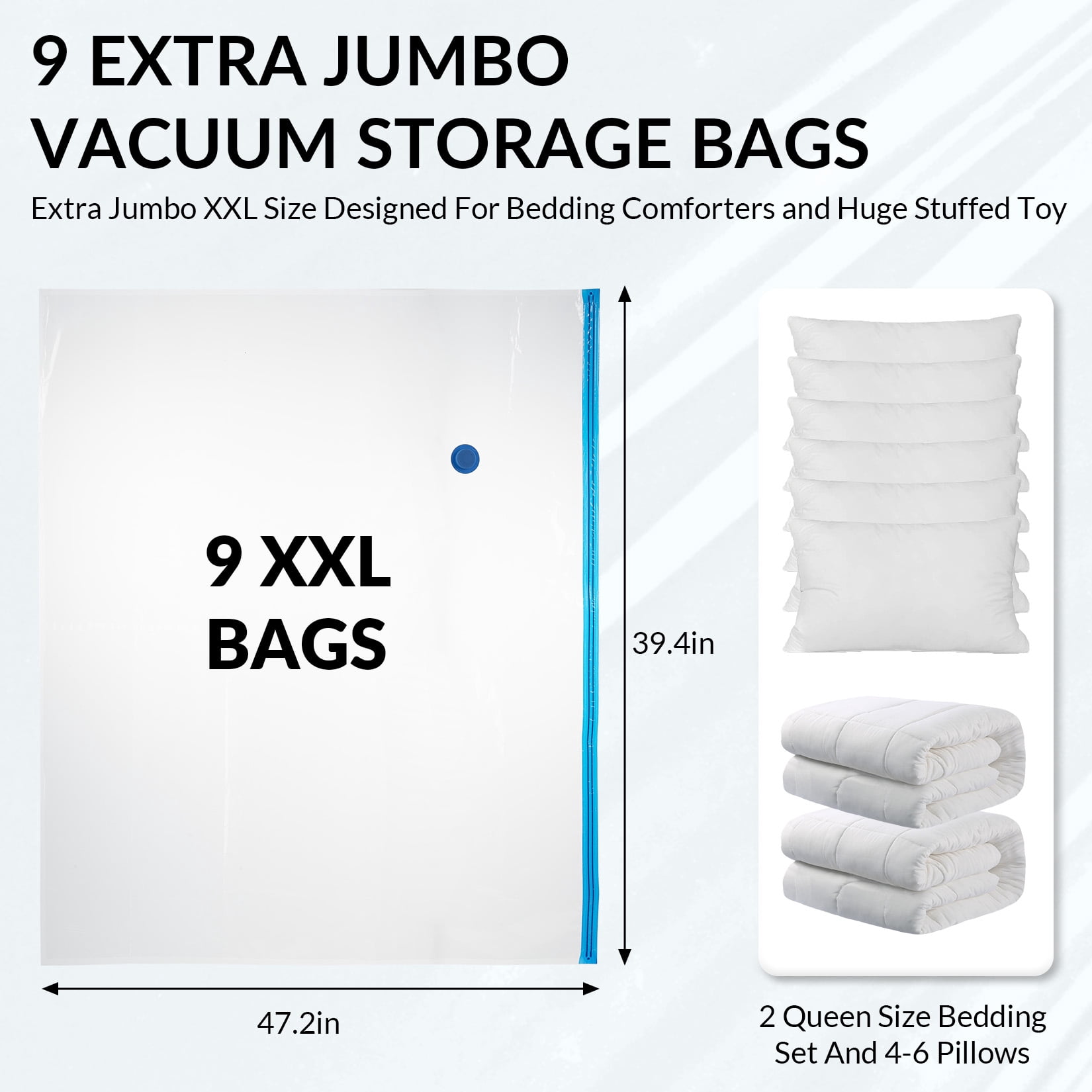 9 Pack Jumbo Vacuum Storage Bags 47 x 39 Inches, Space Saver Compression Bags with Double Layer Protection & Turbo Valve, Heavy Duty Vacuum Seal Bags for Comforters, Bedding, Blankets, Plush Toys