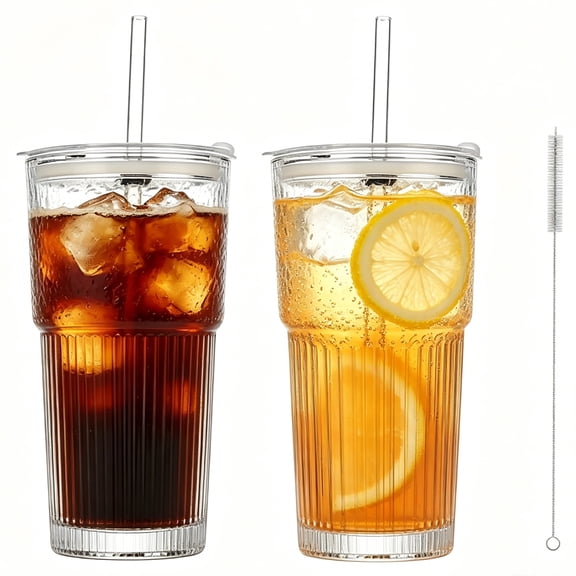 2Pcs 20oz Glass Cups with Lid and Straw, High Borosilicate Tumbler, Iced Coffee Cup, Glassware Set with Brush, Ribbed Glass Tumbler Beer Glasses