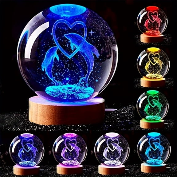 1pc USB Powered Multicolor LED 3D Dolphin Crystal Glass Ball Night Light Gift for Girlfriend, Wife, Child's Birthday, Valentine's Day, Christmas, Anniversary Home Decoration for Living Room, Bedroom