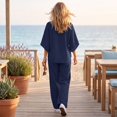 thumbnail image 7 of Women's Waffle Sets 2 Piece Batwing Sleeve Button Down Shirt Pants Outfit Casual Summer Vacation Clothing Navy XL, 7 of 7