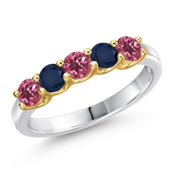 Gem Stone King 925 Silver and 10K Yellow Gold Pink Tourmaline and Blue Sapphire Wedding-Bands Ring for Women | 0.89 Cttw | Round 3.5MM | Gemstone October Birthstone | Size 8