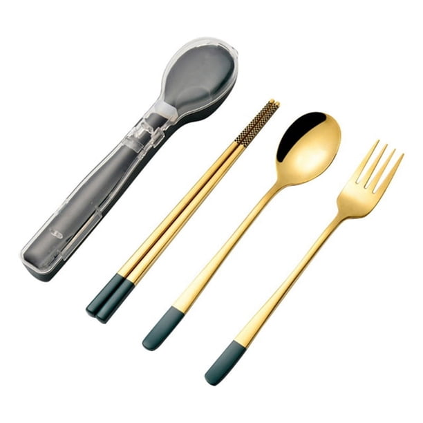Juego de vajilla de acero inoxidable de 3 piezas, cubiertos para acampar, juegos de viaje, palillos, tenedores, cucharas, estuche para cubiertos, vajilla verde
