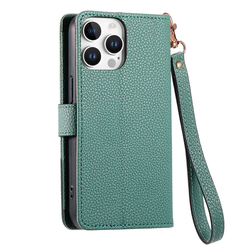 For iPhone 15 Pro Max Leather Phone Case Wallet Zipper Pocket Pouch Folio Flip Cover Kickstand, Multi Anti-theft Card Holder Cash Slot, Double Magnetic Buckle, Wrist Lanyard,Green