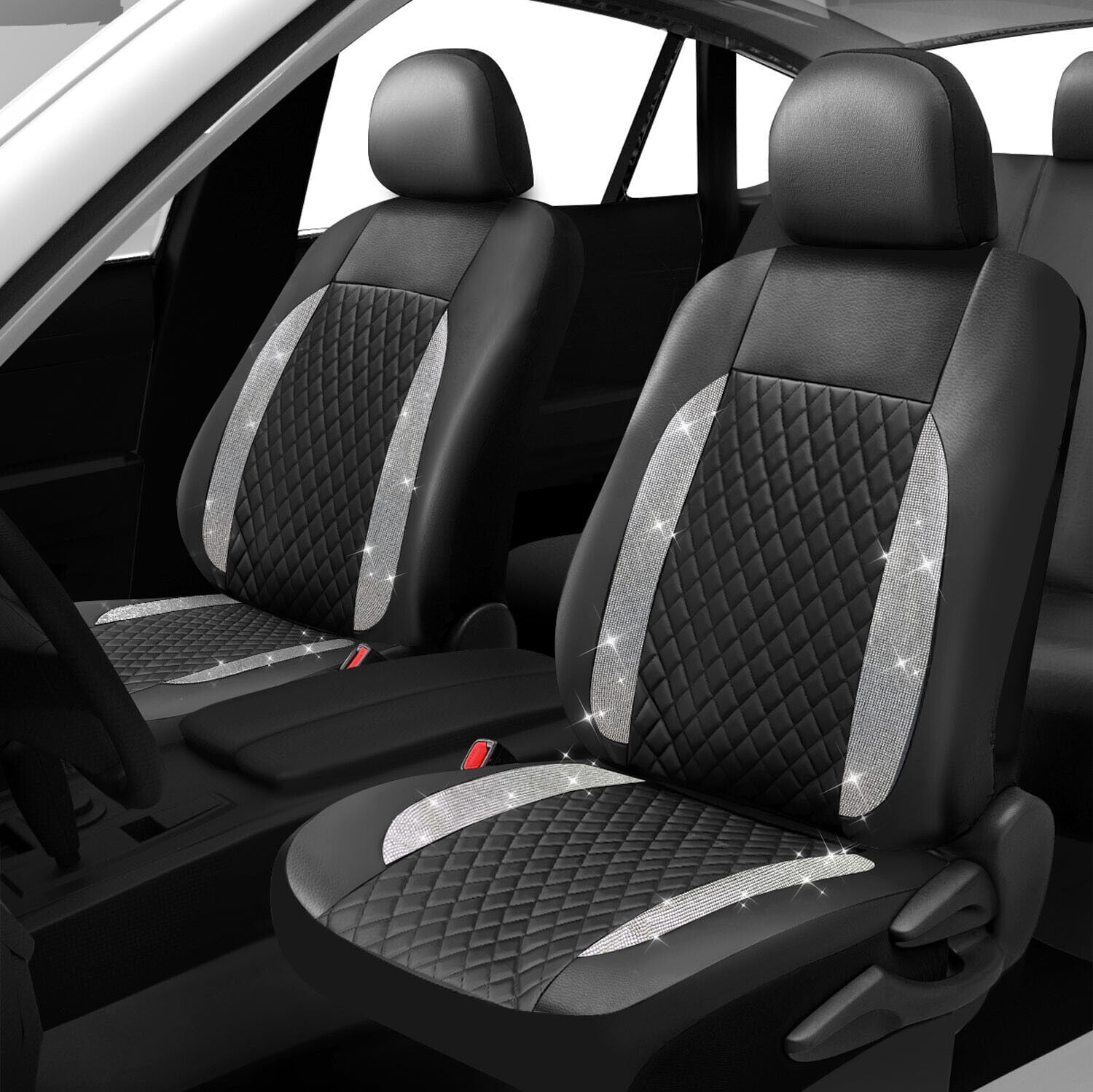 Bling Diamond Car Seat Covers Full Set, Shining Rhinestone Faux Leather Automotive Seat Cushion Universal fits Most Cars