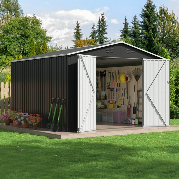 NETAJE 10'x10' Outdoor Metal Shed with Updated Frame, Lockable Doors & Sliding Roof for Backyard, Garden, Gray