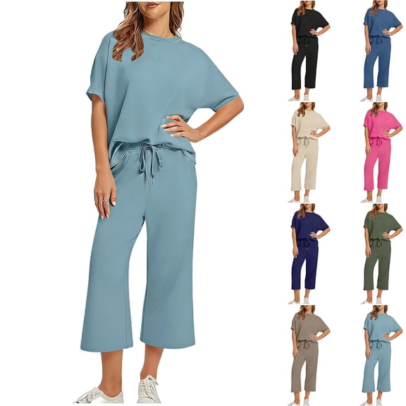 Feancey 2 Piece Sets for Women Going Out Travel 2026 Summer Short Sleeve Tops and Loose Capri Pants Lounge Set Solid Color Casual Two Piece Outfits with Pockets Black XL