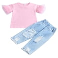 thumbnail image 2 of Kids Girls Clothes Outfit Short Sleeve Solid Color Mesh Splicing Top + Ripped Long Denim Pants, 2 of 9