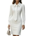 thumbnail image 2 of Women's Work Dress Office Dress Long Sleeve Solid Color Waist Defining with Belt Elegant Midi Dress for Commuting Spring Fall,White,L, 2 of 4