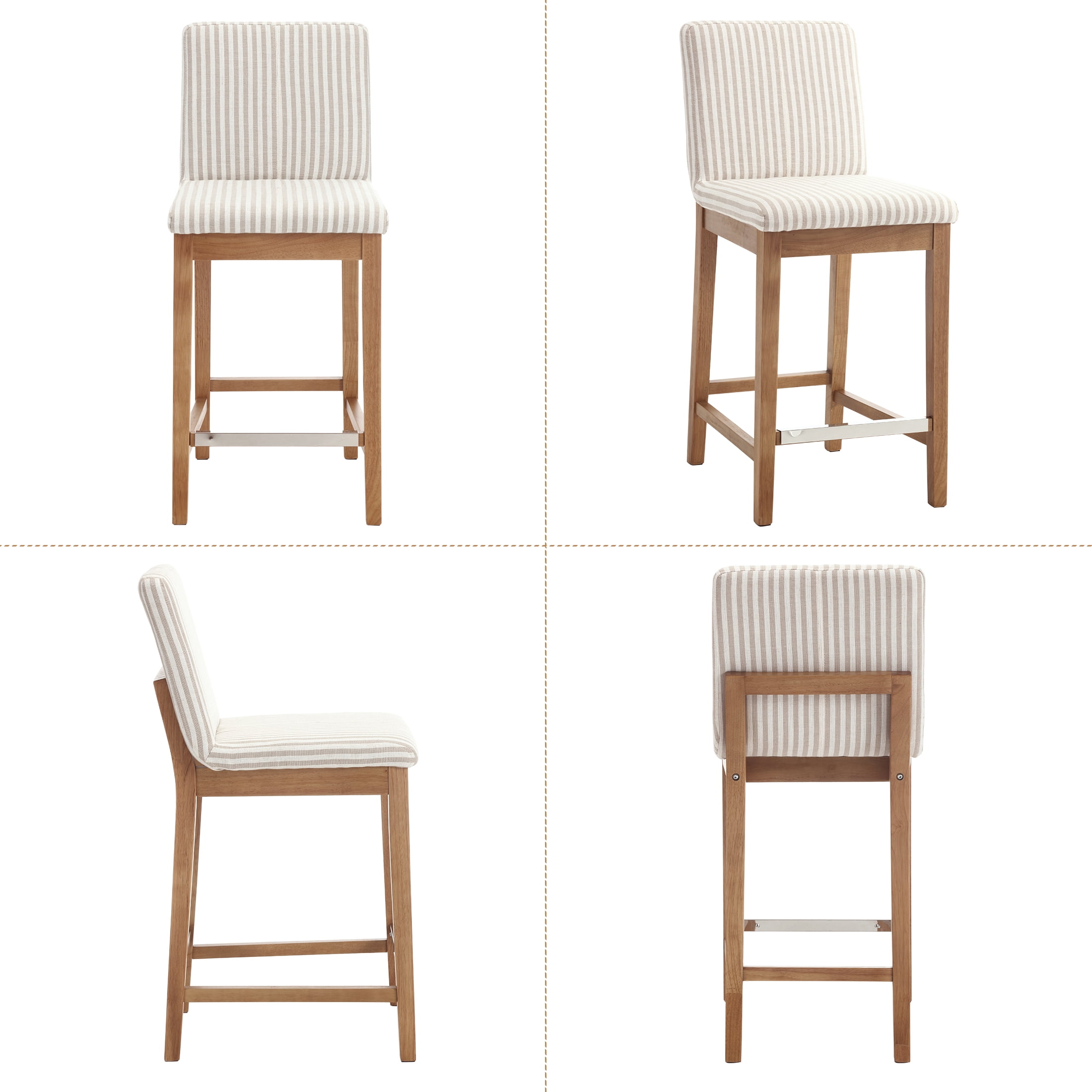 Guyou 26" Counter Height Bar Stools Set of 6, Modern Linen Upholstered Barstools, Rustic Farmhouse Wooden Kitchen Island Chairs with Backrest for Dining Room Home Bar Patio Club, Khaki Stripe