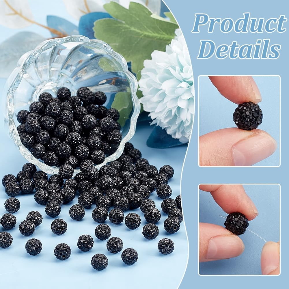 200pcs Rhinestone Beads 10mm Black Beads Disco Ball Beads Polymer Clay Beads Glitter Round Beads Loose Beads for Friendship Bracelet Necklace Earring Jewelry Craft Making Jet
