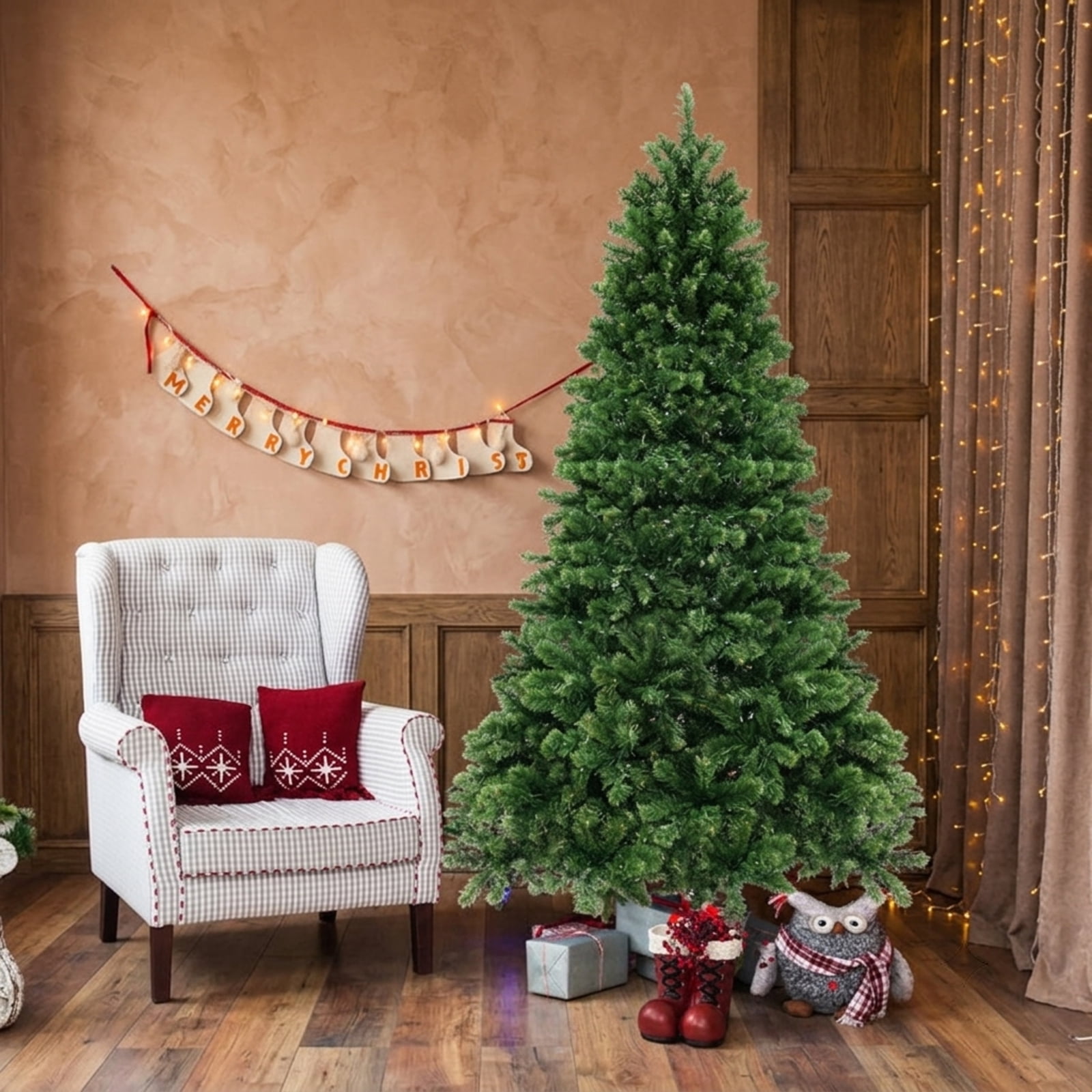 RUIE 7 ft Hinged Christmas Tree, Pre-Lit Green Artificial Xmas Tree with 700 LED Lights, 1188 Branch Tips and Foldable Metal Stand