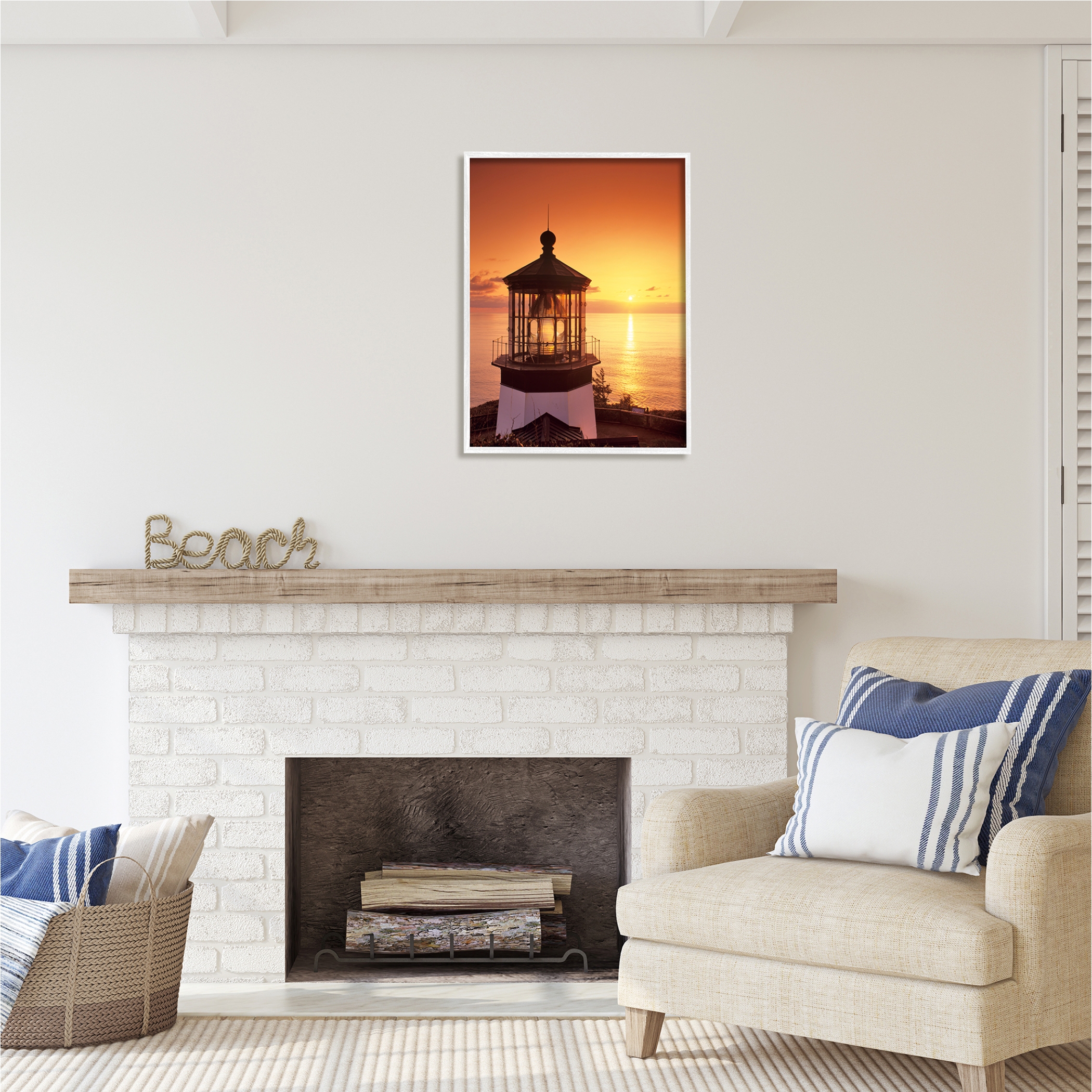 Stupell Industries Lighthouse Beacon at Sunset Nature Photography White Framed Art Print Wall Art, 24 x 30