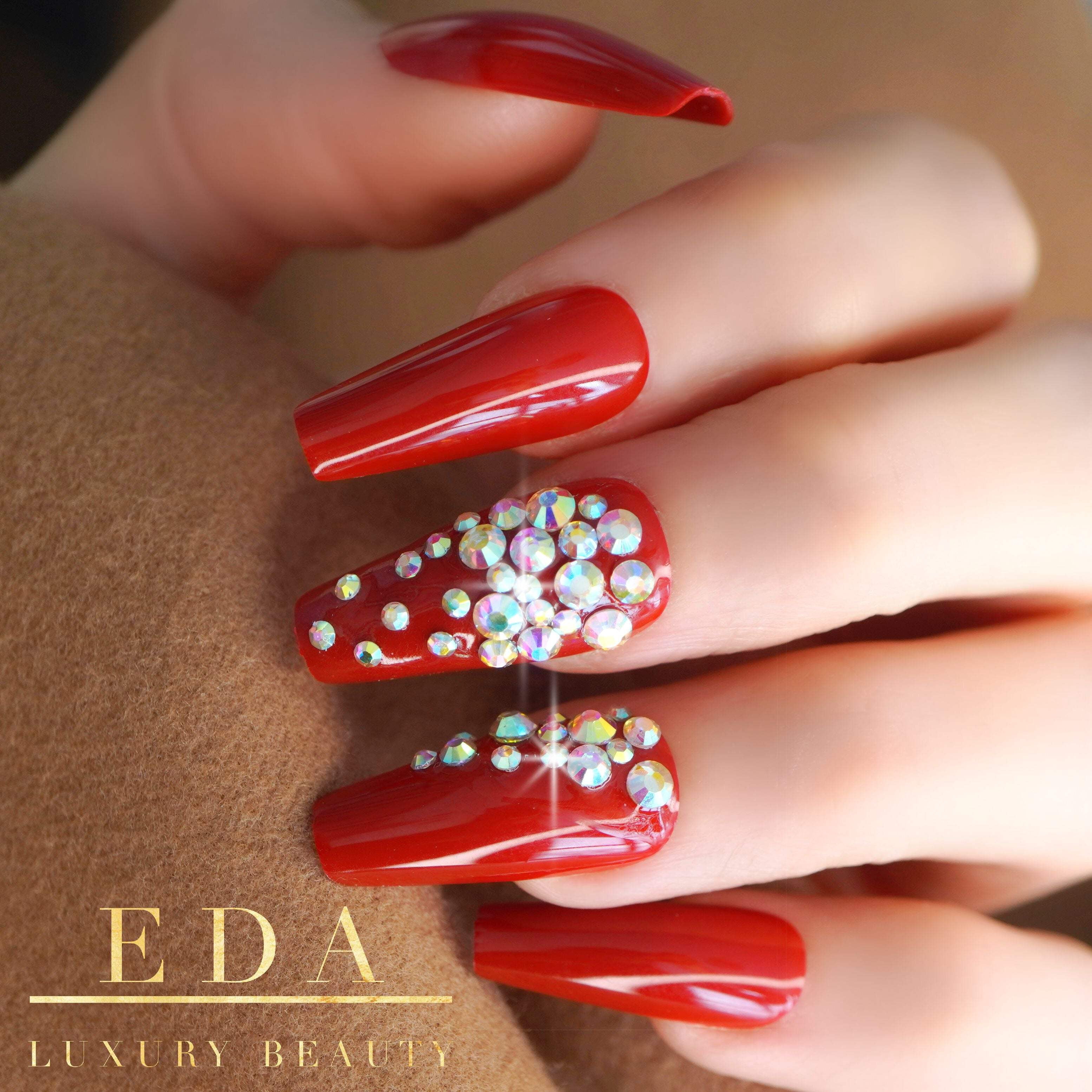 Red 3D Crystal Press On Nails, Love Queen, Extra Long Coffin Ballerina Rhinestones Fake Nails Set