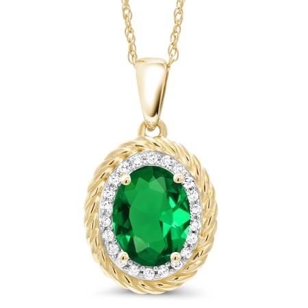 Gem Stone King 14K Yellow Gold Green Simulated Emerald and White Diamond Pendant Necklace for Women (1.15 Cttw, Oval 8X6MM, with 18 inch Chain)