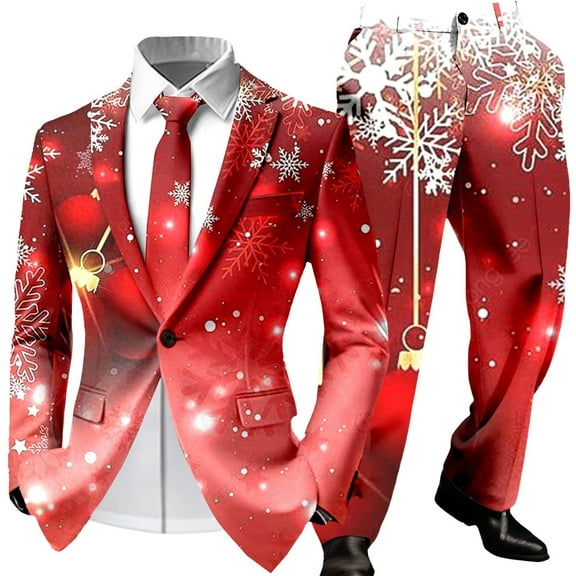 Christmas Suit for Men 2 Piece Funny One Button Formal Xmas Jacket Blazer And Pant Outfit Slim Fit Winter Festive Party Men's Suits